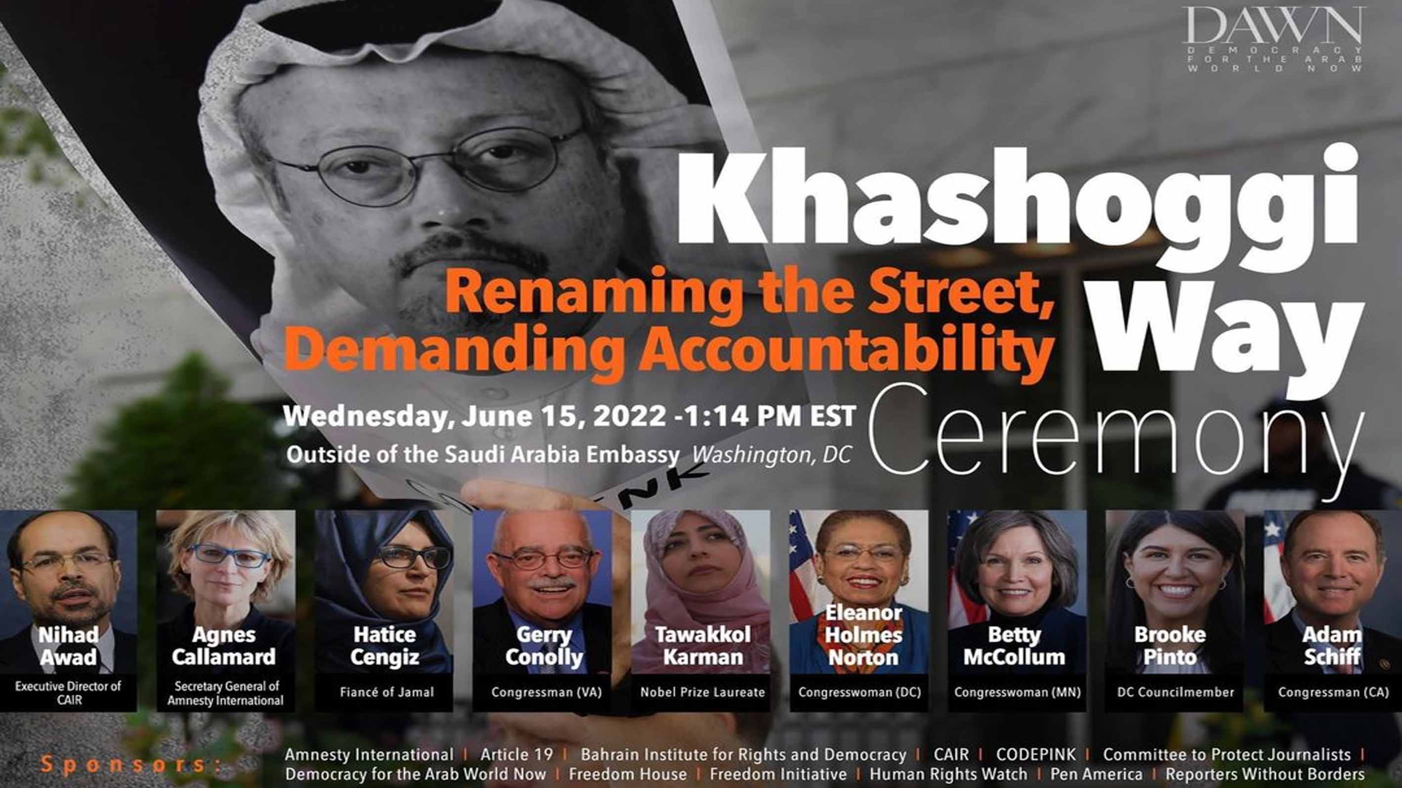 Nobel laureate heads to Washington to participate in ceremony to rename street in front of Saudi embassy after Jamal Khashoggi